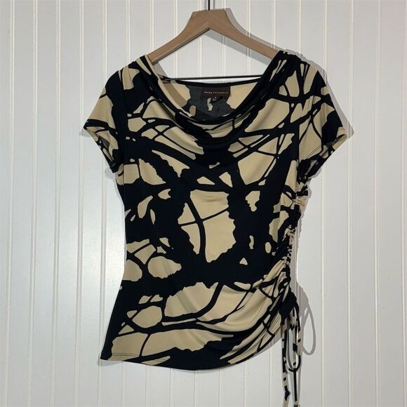 Dana Buchman Abstract Print Cowl Neck Ruched Side Top Small Black Beige Y2K VTG - Picture 1 of 7